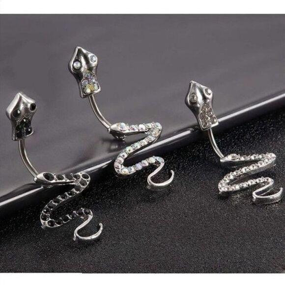 Set of 3 - 14G 316L Stainless Steel and Crystal Snake Belly Rings - Picture 3 of 4